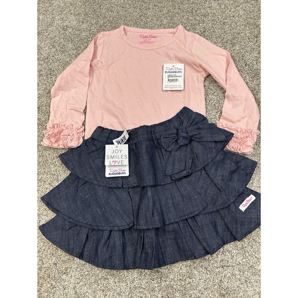 New Ruffle Butts Size 4T Ruffled Pink Long Sleeve Shirt And Denim Skirt #0339